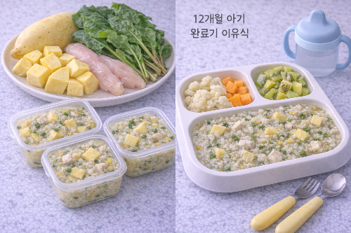 완료기 이유식 닭고기 고구마 비타민채 식판에 담긴 진밥