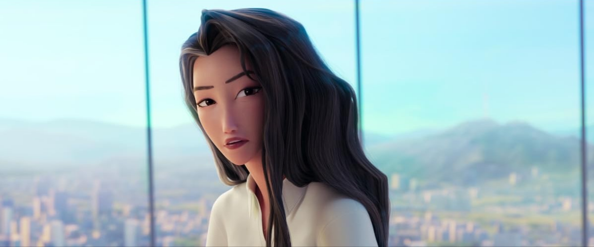 케이팝 데몬 헌터스 등장인물 셀린 캐릭터 스틸컷 &ndash; 창밖 서울 전경을 배경으로 침착한 표정의 셀린이 정면을 바라보는 장면