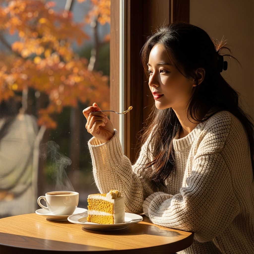 크리스마스 선물, 커피와 케이크를 먹고 있는 여성