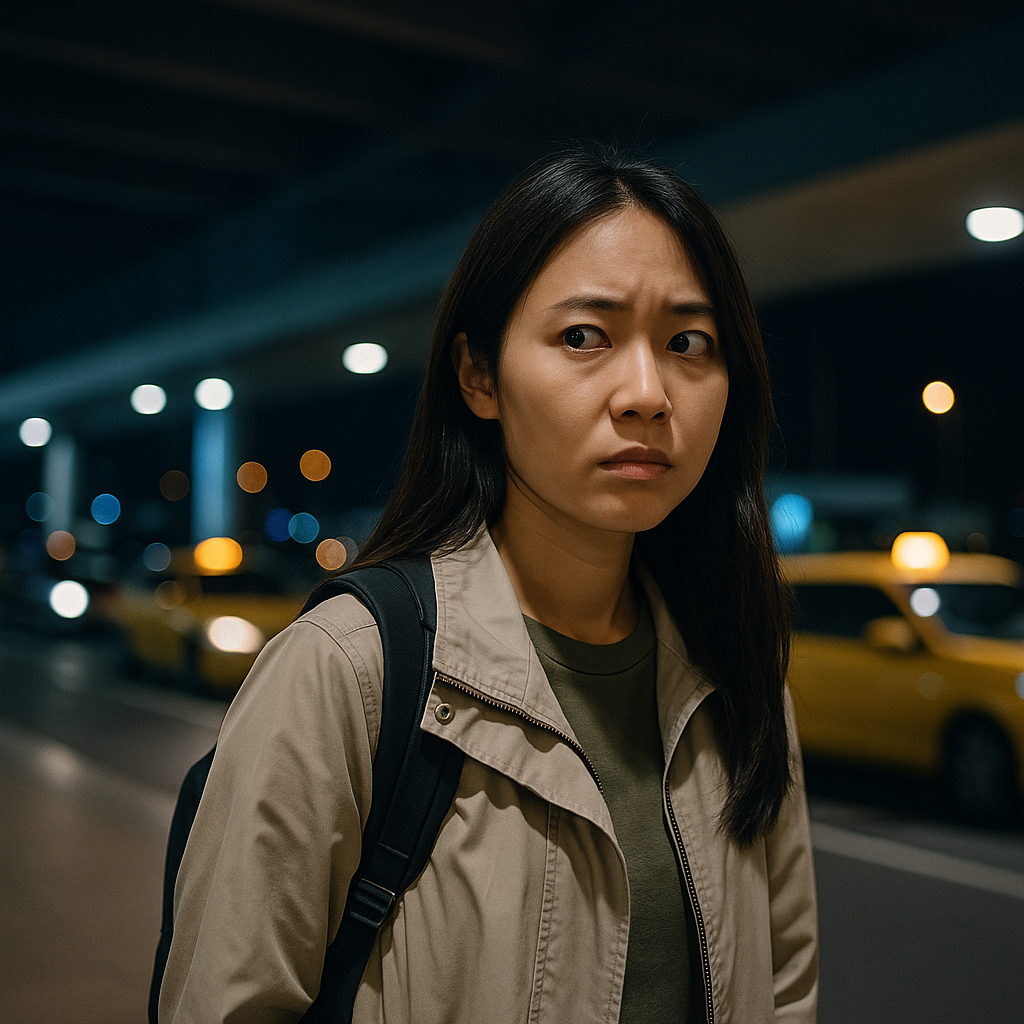 밤 공항 택시승강장에서 경계를 유지하는 여행자 모습 — 해외여행 납치 예방 메시지