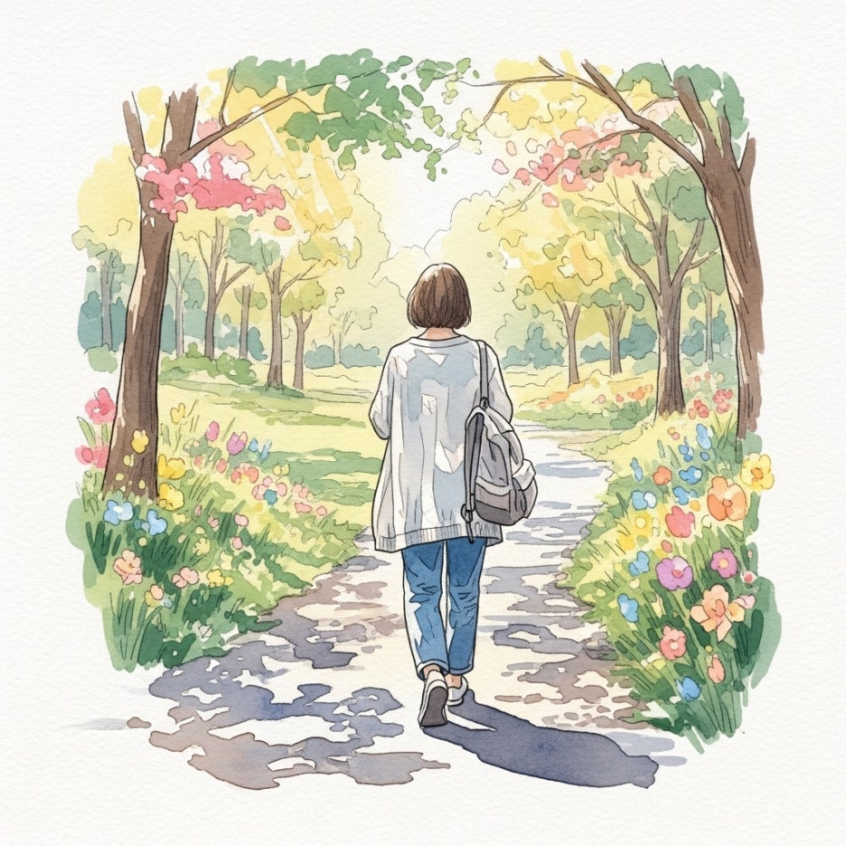 가벼운 가디건을 입고 공원을 산책하는 여행자