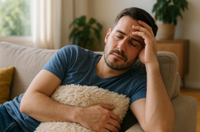 피곤한 모습으로 소파에 기대어 따뜻한 차를 두고 쉬는 사람의 뒷모습, 자연광 속 편안한 집 안 분위기