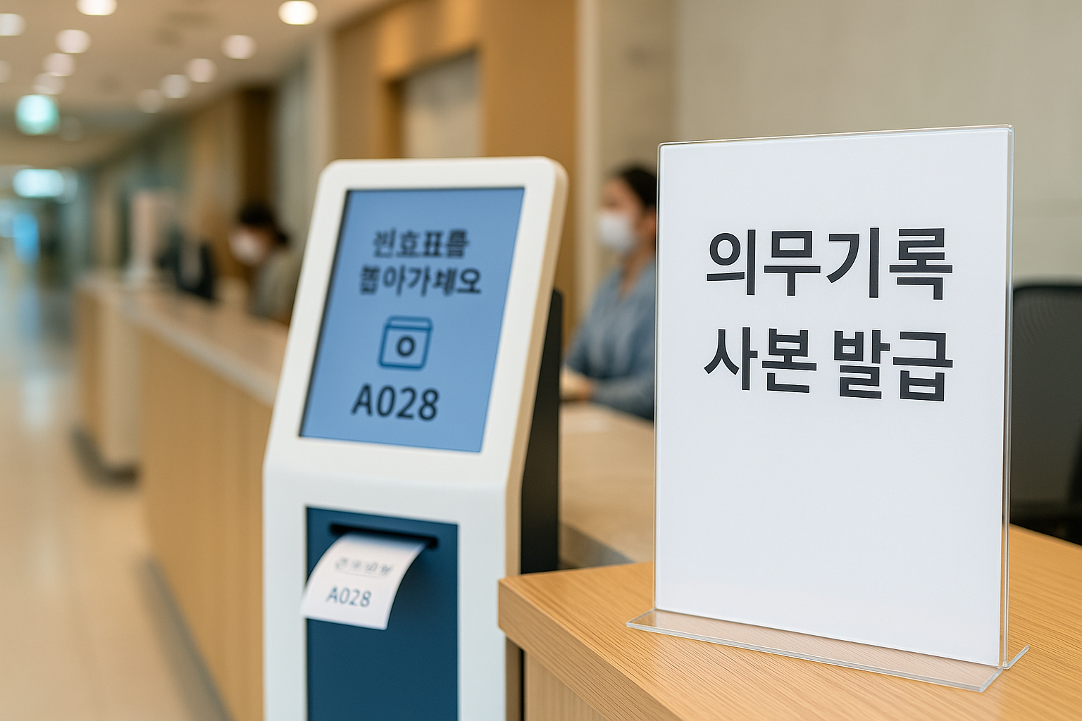 병원 접수창구와 무인 발급기, 의무기록 사본 발급 안내 표지