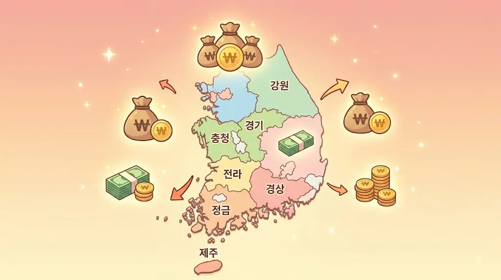 따뜻한 파스텔 톤의 대한민국 지도 위에 지역별 지원금 표시 아이콘들이 떠 있는 인포그래픽 스타일, 텍스트 없음