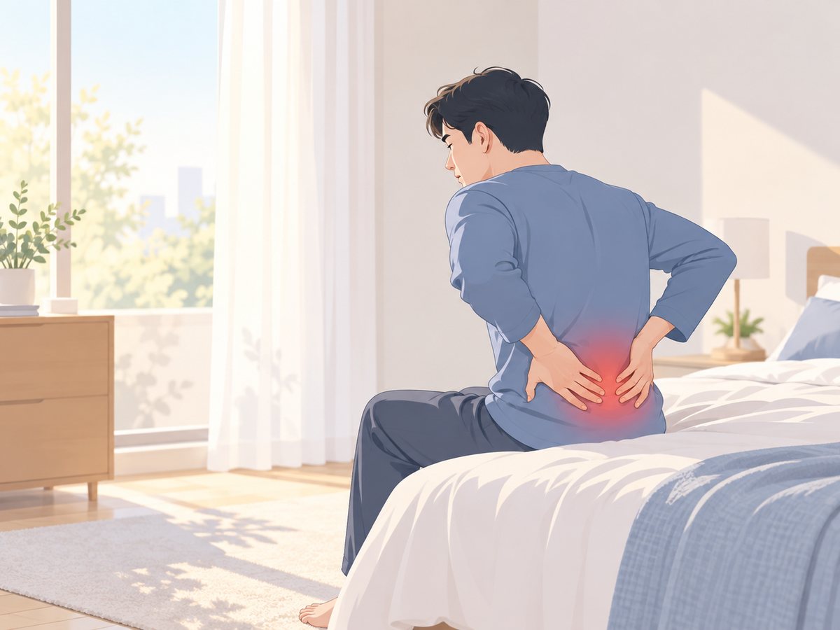 아침에 침대 가장자리에 앉아 뻣뻣한 허리 아래쪽을 두 손으로 짚는 남성