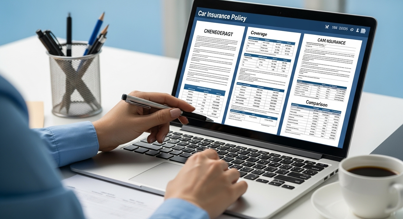 노트북 화면에서 자동차보험 약관과 담보를 신중하게 비교하는 한국인 여성의 손