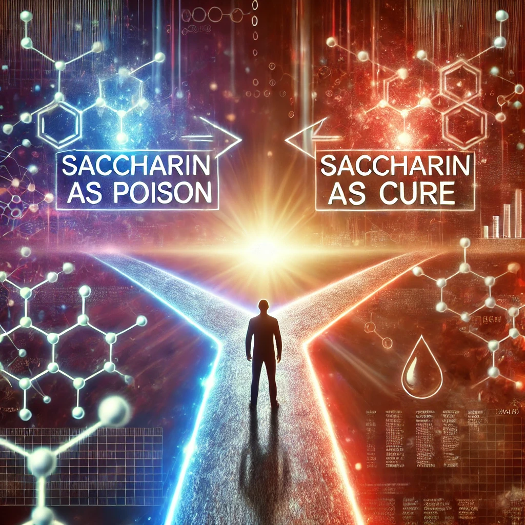 사카린이 독인지 해독인지에 대한 갈림길을 표현한 이미지