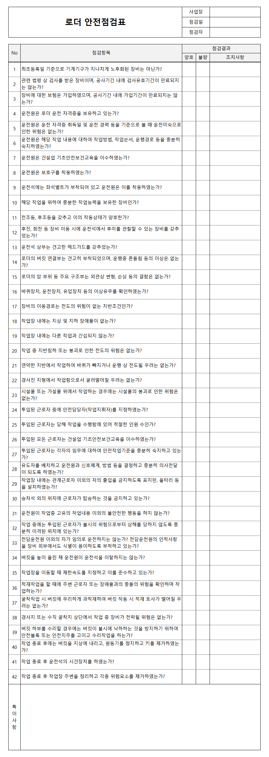 로더 안전점검표