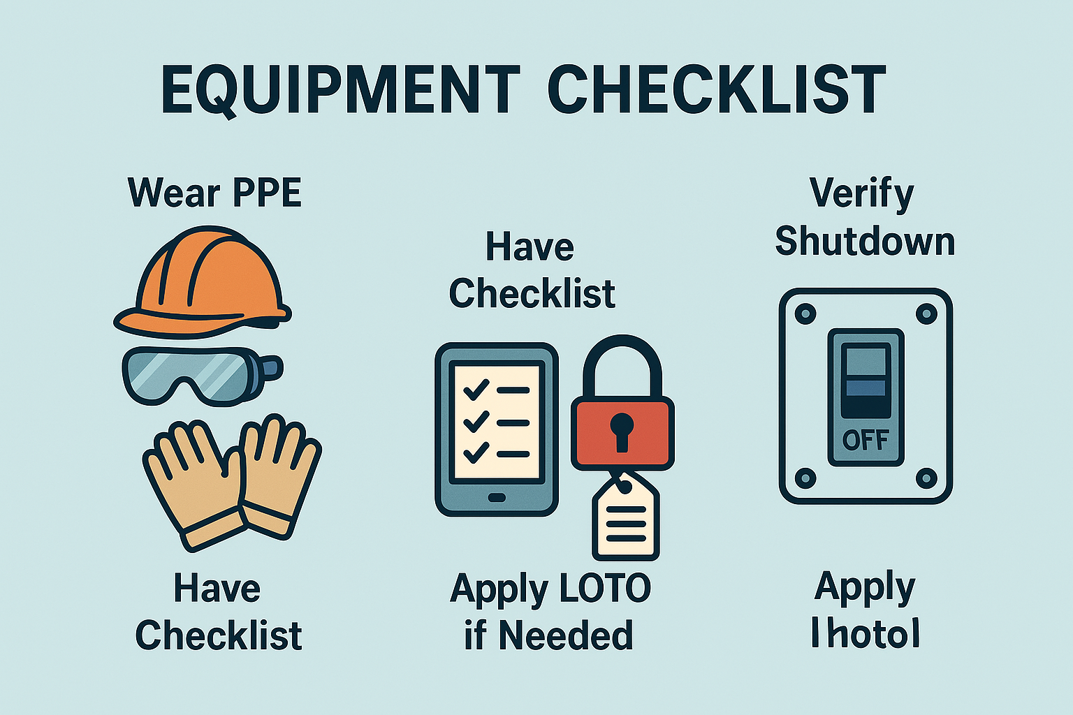 Illustration of plant safety pre-inspection steps, including wearing helmet, safety glasses, gloves, preparing checklist or tablet, checking for lock-out tag-out (LOTO) and machine shutdown