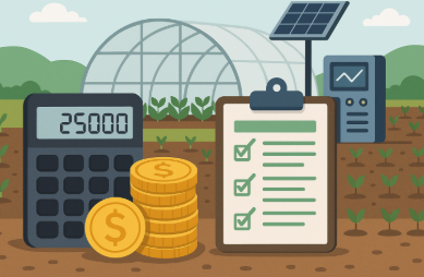 스마트팜 설치비용을 계산하는 전자계산기와 온실 배경의 체크리스트 clipboard