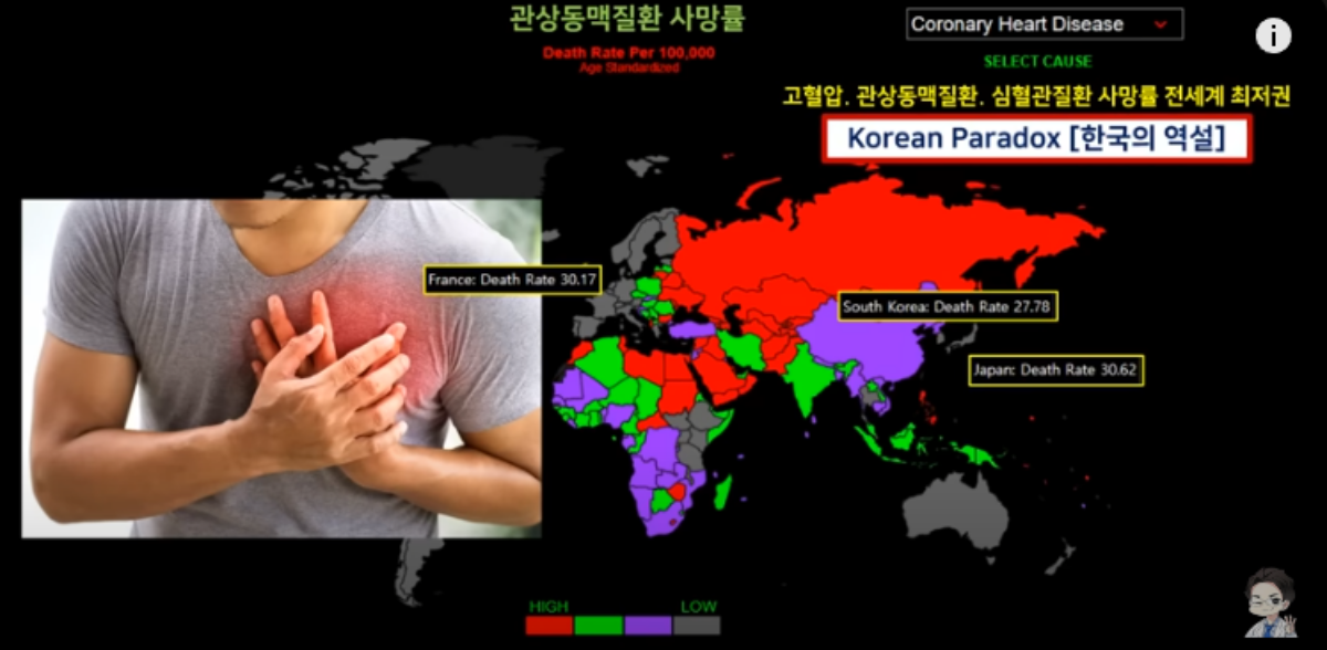 세계지도에 관상동맥질환사망률이 표시되어 있다. 한국은 관상동맥질환 사망률 최저