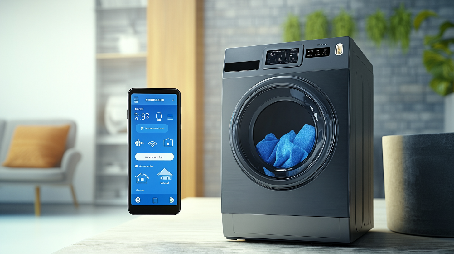 삼성 WF19T6000KW를 제어하는 스마트폰의 SmartThings 앱, 알림 및 스마트 홈 인터랙션 인터페이스가 보입니다.