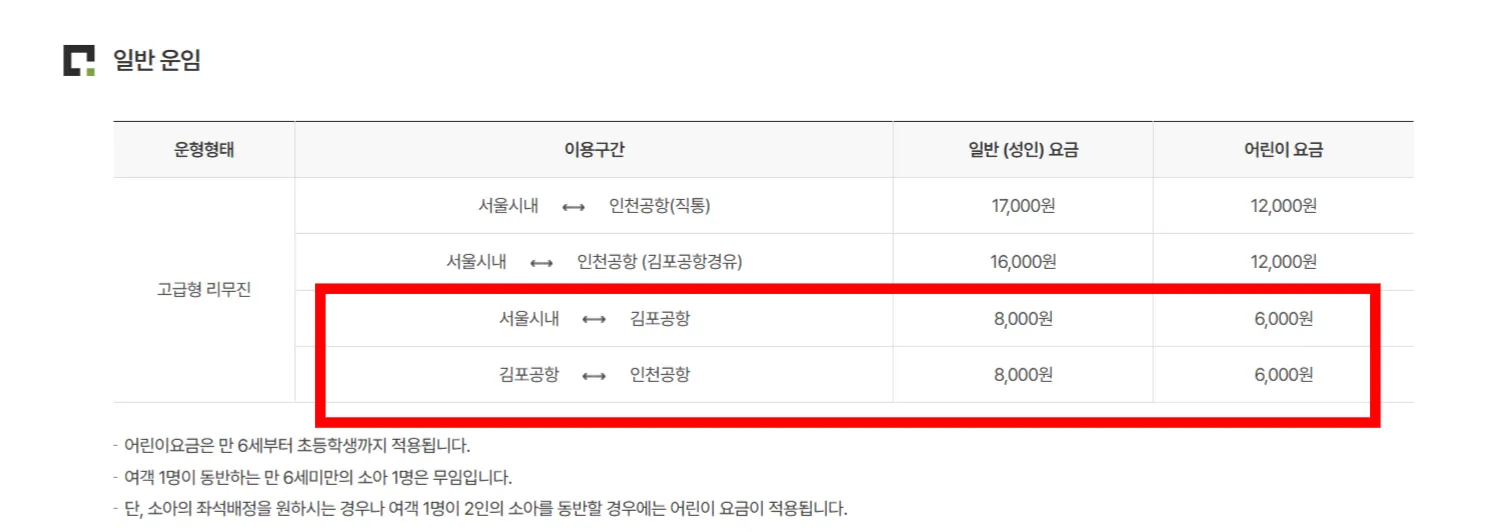 공항버스 운임 요금