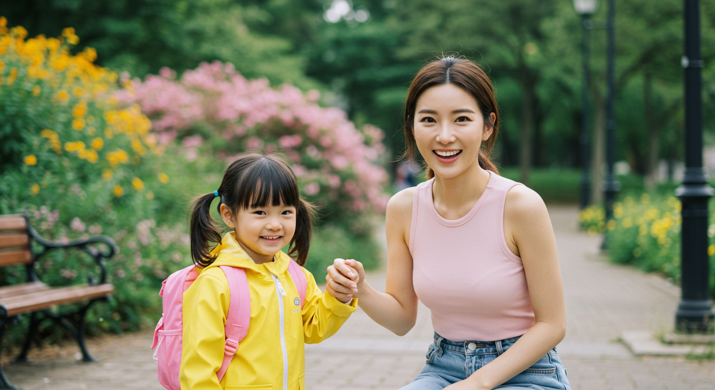 딸과 기념사진을 찍는 여성