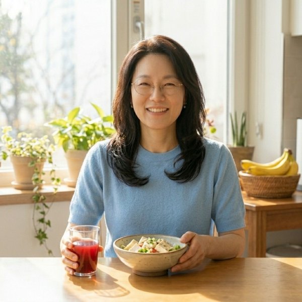 갱년기 열감 완화를 위한 천연 식단과 석류 주스를 즐기는 중년여성