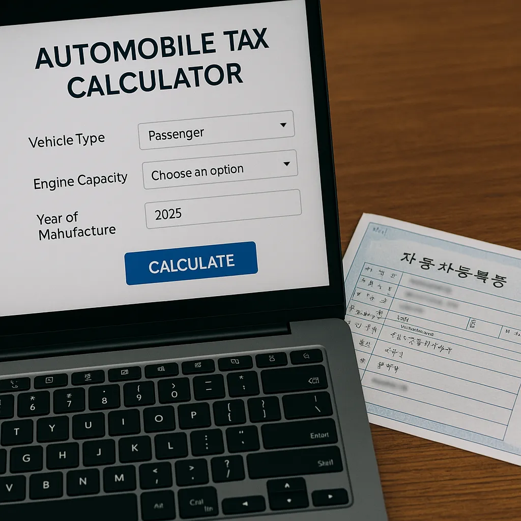 노트북 화면에 자동차세 계산기가 열려 있고 옆에 자동차 등록증이 놓인 모습