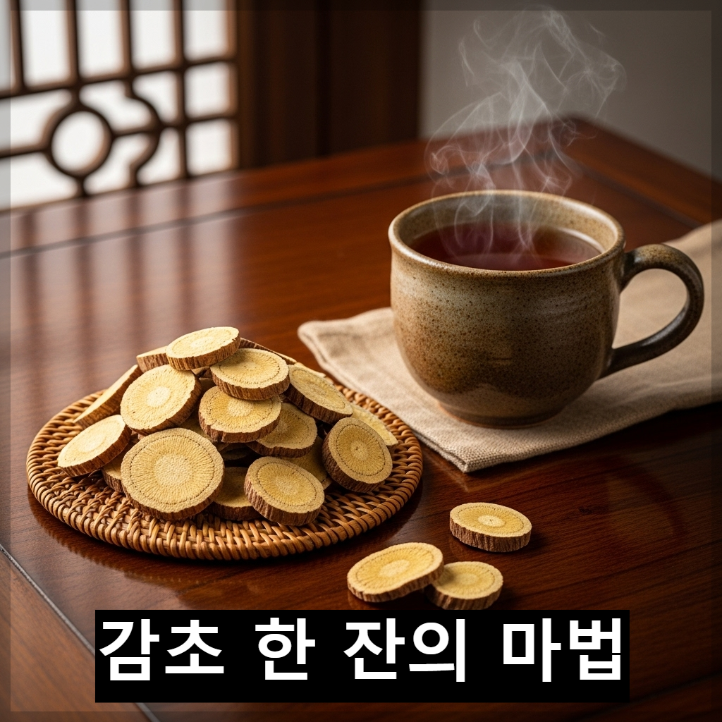 잘게 썬 감초 조각들이 끓는 물이 담긴 유리 주전자와, 따뜻한 감초차 한 잔이 놓인 편안하고 안정적인 분위기의 이미지