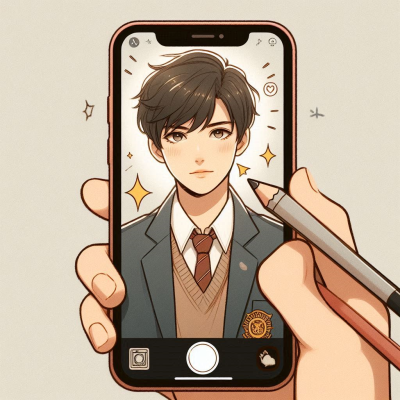 스마트폰을 사용해 학생의 사진을 편집하는 장면입니다. 캐릭터 디자인 스타일로 사진을 변형하는 모습입니다.