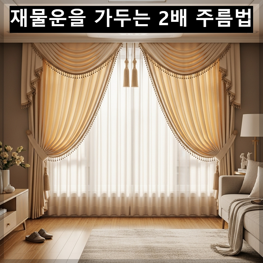 한국식 아파트 거실 창가에 풍성한 나비 주름이 잡힌 따뜻한 아이보리 톤의 이중 커튼이 설치되어 햇살이 은은하게 들어오는 모습