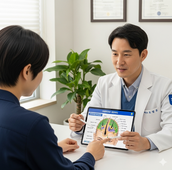 한 사람이 의사 가운을 입은 전문가와 함께 태블릿을 보며 자신의 탈모 진행 상태와 치료 계획에 대해 상담받고 있는 모습
