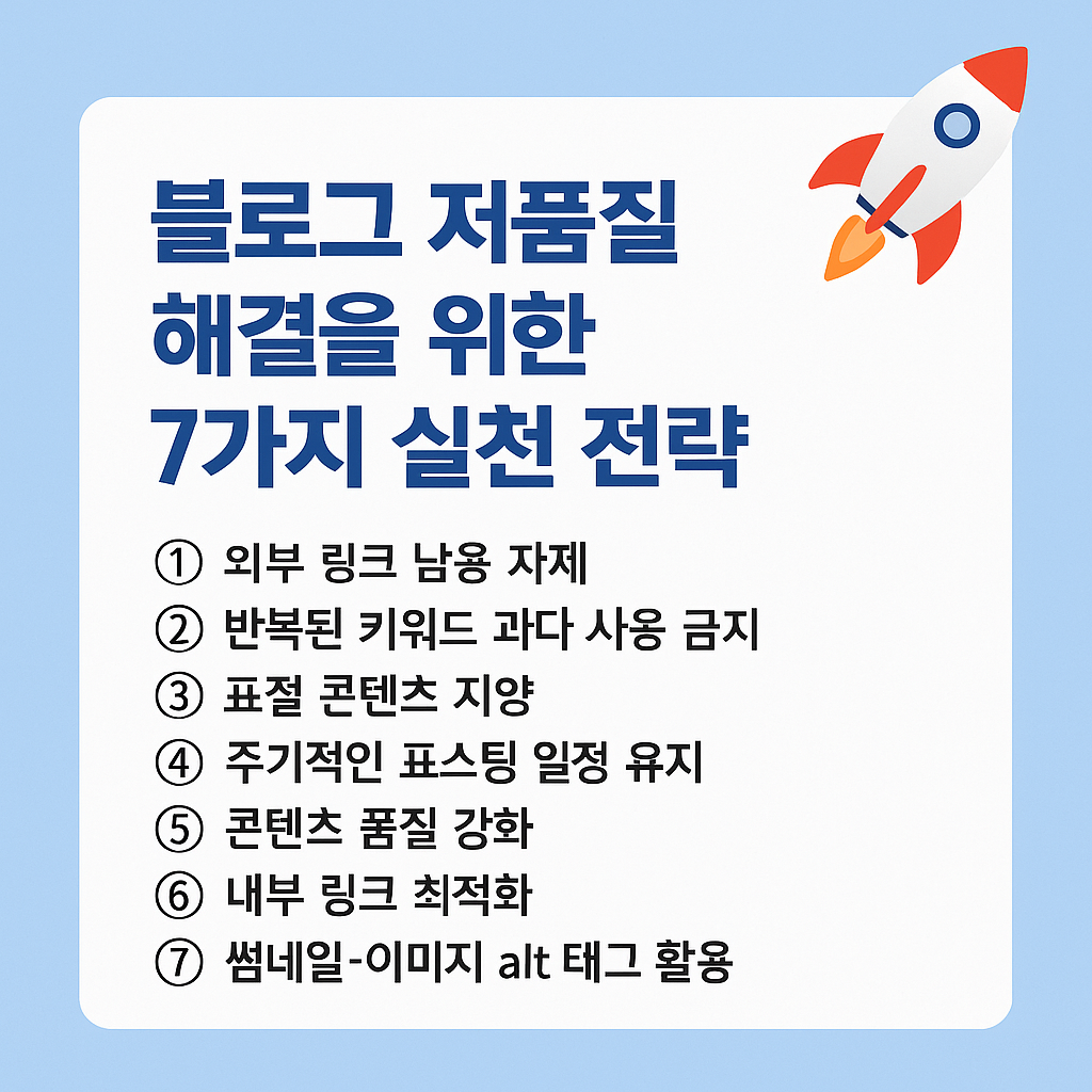 블로그 저품질 해결을 위한 7가지 실천 전략 – 외부 링크 자제, 키워드 남용 방지, 표절 금지 등 핵심 가이드