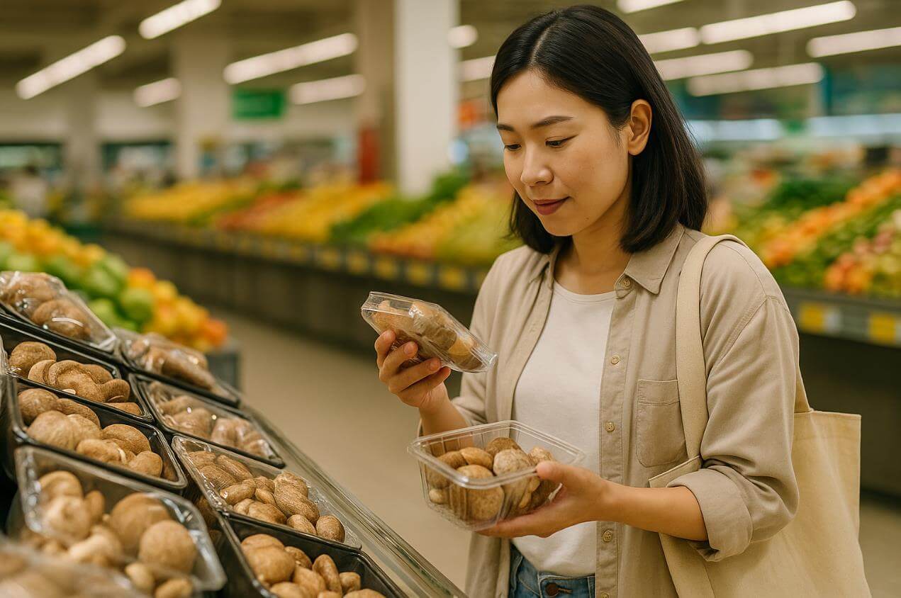 마트 버섯 코너에서 다양한 포장 단위의 표고버섯을 비교하며 고르는 여성 소비자의 모습.