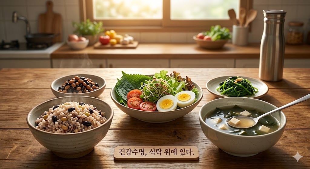 건강수명 식습관 블로그 글의 본문 내용을 시각적으로 구현한, 신뢰감 있는 실사 느낌의 한국식 건강 상차림 사진. 따뜻한 햇살이 드는 나무 식탁 위에 혈당 스파이크를 막는 김이 모락모락 나는 흰쌀 대신 잡곡밥, 근감소 예방을 위한 삶은 달걀과 두부 부침, 그리고 '거꾸로 식사법'을 실천하기 위한 거친 식이섬유가 풍부한 채소 쌈과 나물 반찬이 정갈하게 놓여 있다. 나트륨을 줄이기 위해 건더기 위주로 담긴 맑은 미역국그릇이 보이며, 전체적으로 건강수명을 늘리기 위한 구체적이고 현실적인 식단을 한눈에 보여주는 이미지.