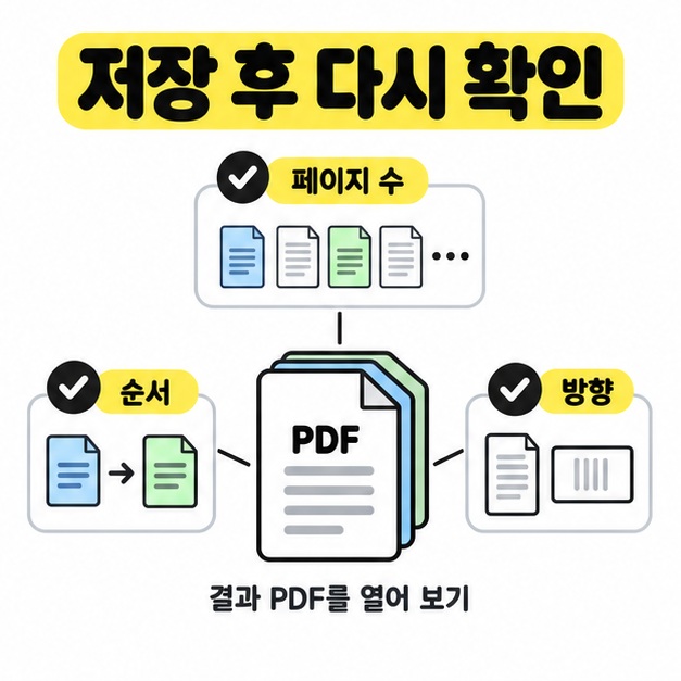 저장한 결과 PDF를 다시 열어 페이지 수와 순서, 가로세로 방향을 확인하도록 세 가지 기준과 체크 표시를 배치한 그림