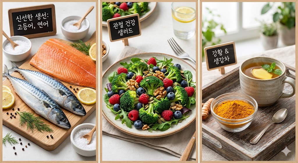 관절 염증 완화와 연골 보호에 좋은 7가지 음식(연어, 고등어, 브로콜리, 베리류, 호두, 강황, 생강차)을 시각적으로 보여주는 건강 식단 인포그래픽 이미지