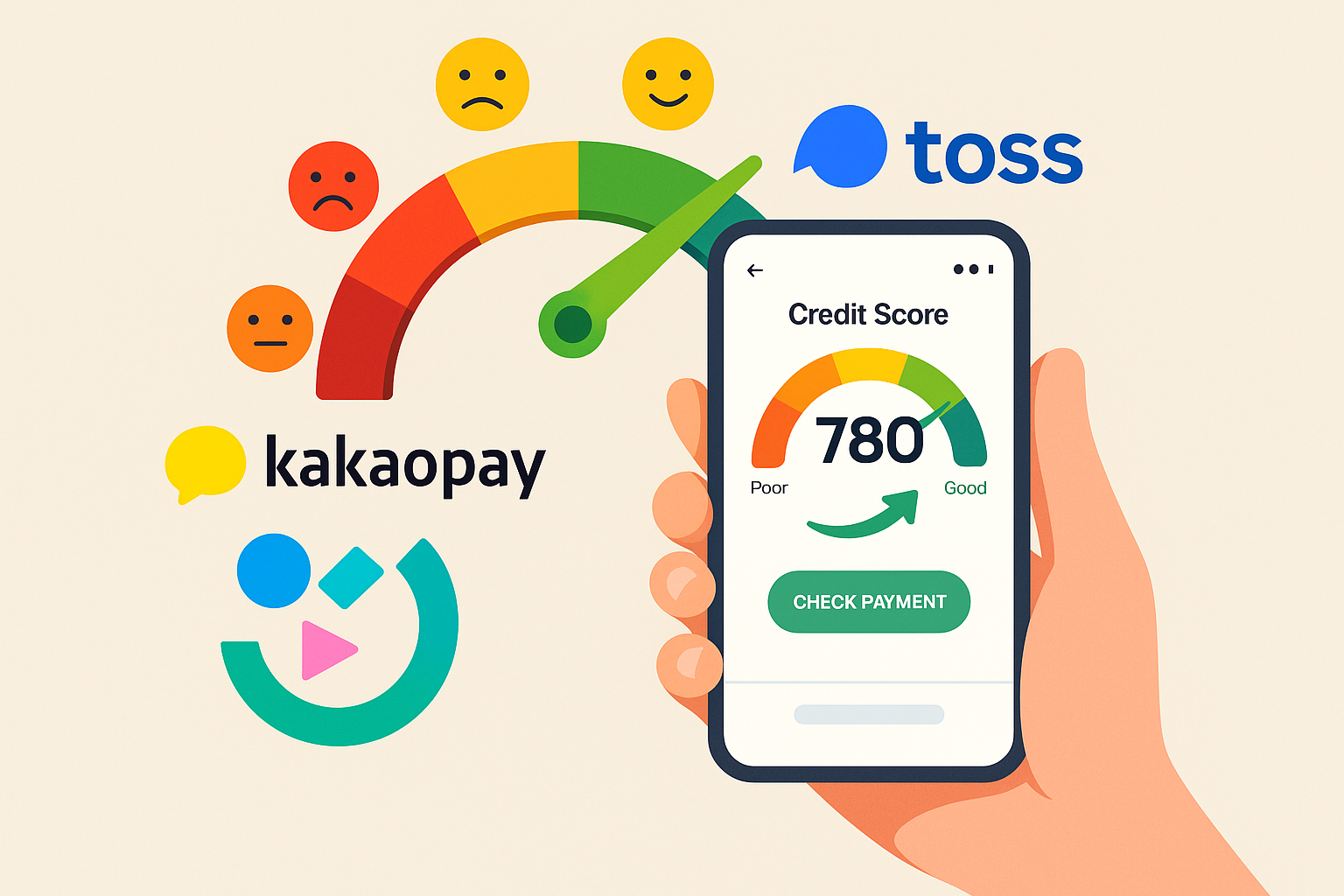 신용등급 그래프 배경에 스마트폰으로 신용점수를 확인하며, 주변에 뱅크샐러드·토스·카카오페이 로고가 배치된 일러스트