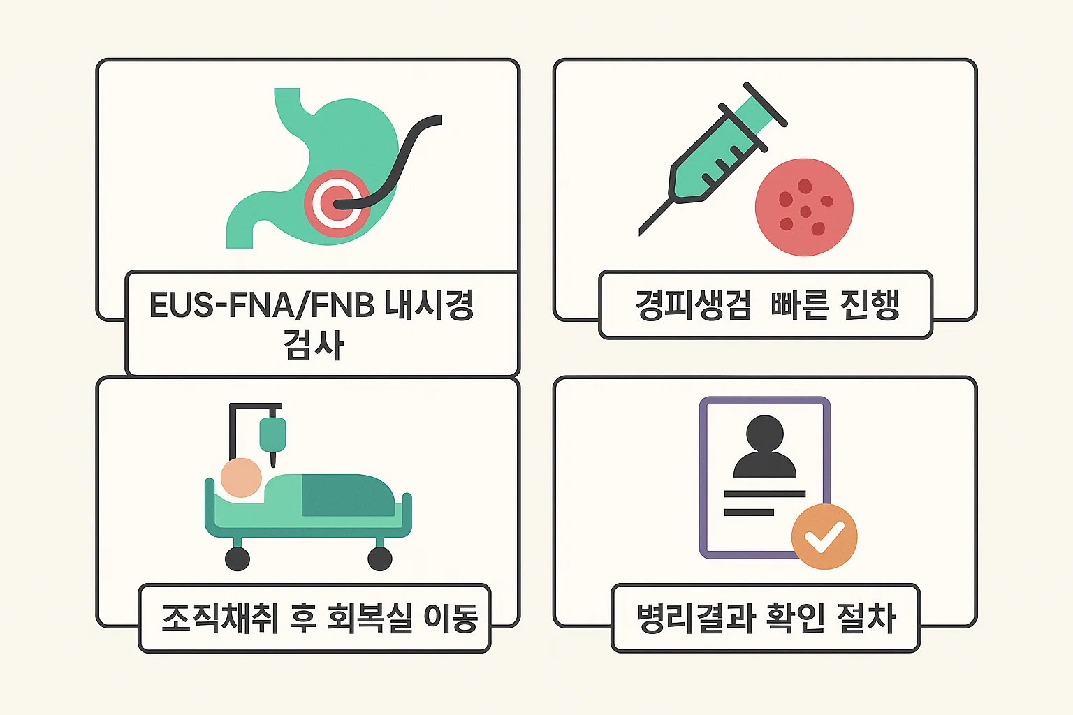 EUS-FNA/FNB 내시경 조직검사, 경피생검 진행방식, 조직채취 후 회복과정, 병리결과 확인 절차까지 전체 흐름을 실제 검사 동선 기반으로 재구성한 2025년 기준 검사절차 인포그래픽