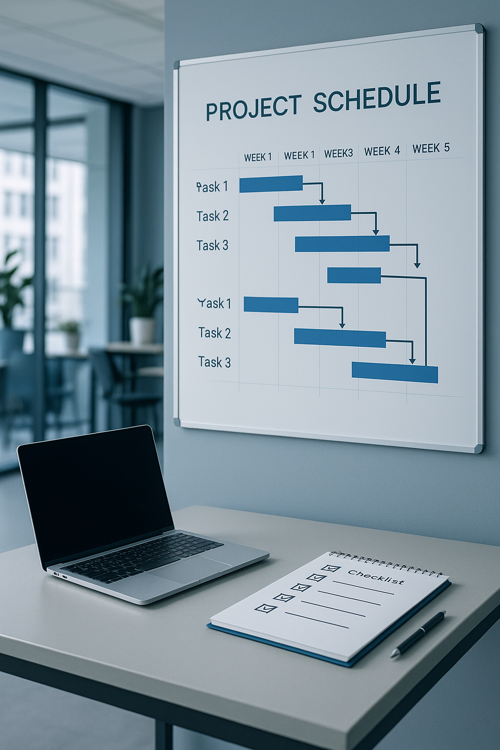 간결한 간트차트 스타일, 화이트보드에 일정 표시, 밝고 심플한 오피스 배경, 고해상도