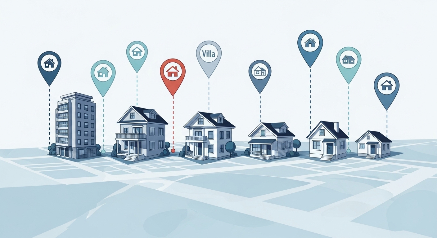 아파트, 빌라 등 다양한 주택 유형과 지도 위에 표시된 여러 위치를 보여주는 매물 선택 및 지역 분석 이미지