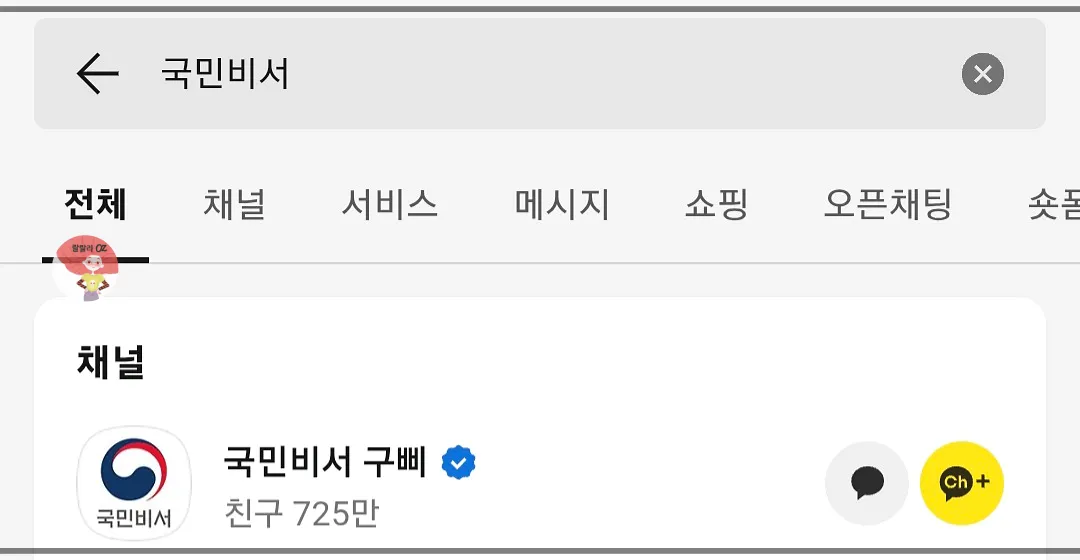 모바일 카카오톡 앱에서 &lsquo;국민비서&rsquo; 검색 결과 화면.