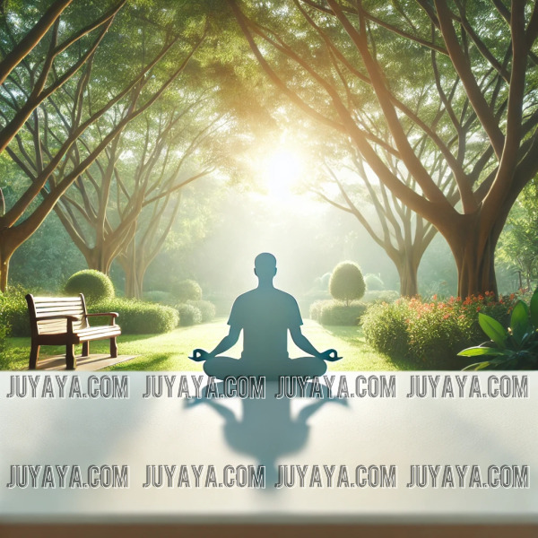 햇살이 비추는 공원에서 명상 중인 사람의 모습, 마음의 평온과 스트레스 완화를 상징하는 장면.