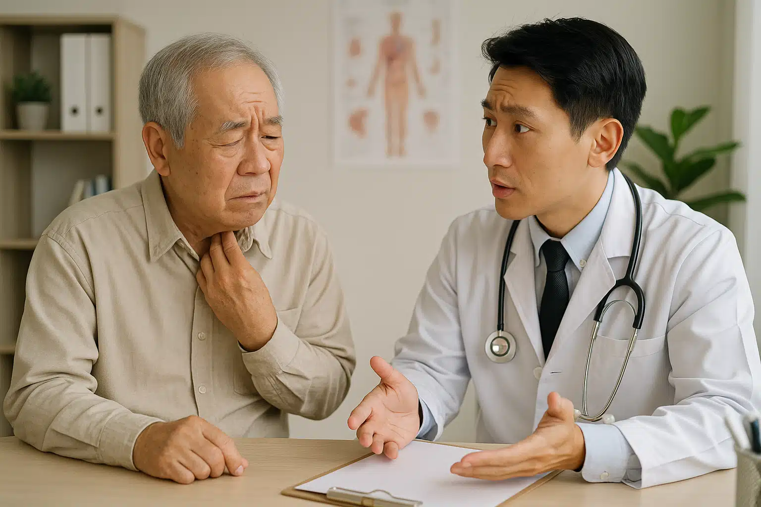 병원 진료실에서 어르신이 의사에게 체취 문제를 상담하는 장면