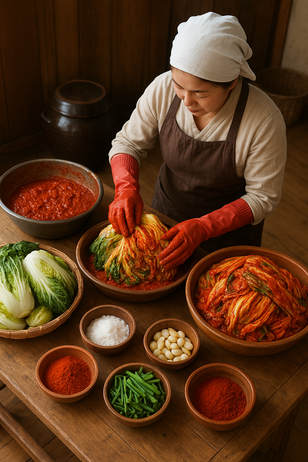 아주머니께서 절임 배추를 양념하고 계십니다.