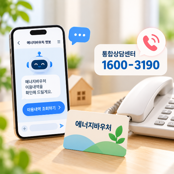 에너지바우처 상세 이용내역을 챗봇과 통합상담센터 1600-3190을 통해 확인하는 방법을 안내하는 이미지