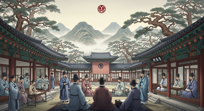 한국의 명문가 청주 한씨의 유구한 역사와 빛나는 유산을 상징하는 웅장한 그림.