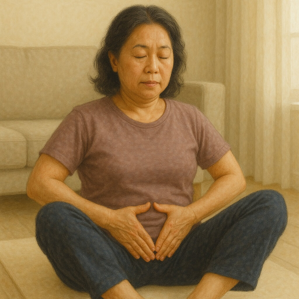 거실에서 골반저근육 운동을 하는 50대 중년 여성의 모습. 바닥에 앉아 집중한 표정으로 자세를 유지하며 건강한 중년을 위한 운동을 실천 중인 장면