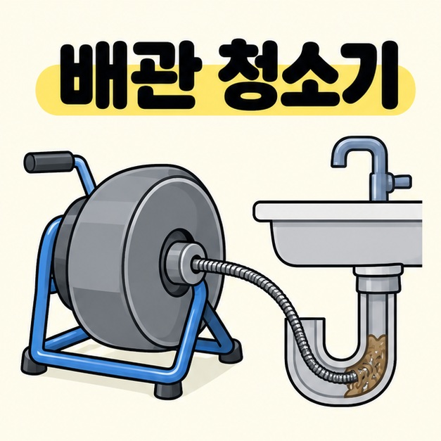 배관 청소기라는 제목 아래 수동 손잡이가 달린 케이블 드럼과 싱크대 아래 배수관 속 찌꺼기까지 들어간 스프링 케이블을 그린 이미지