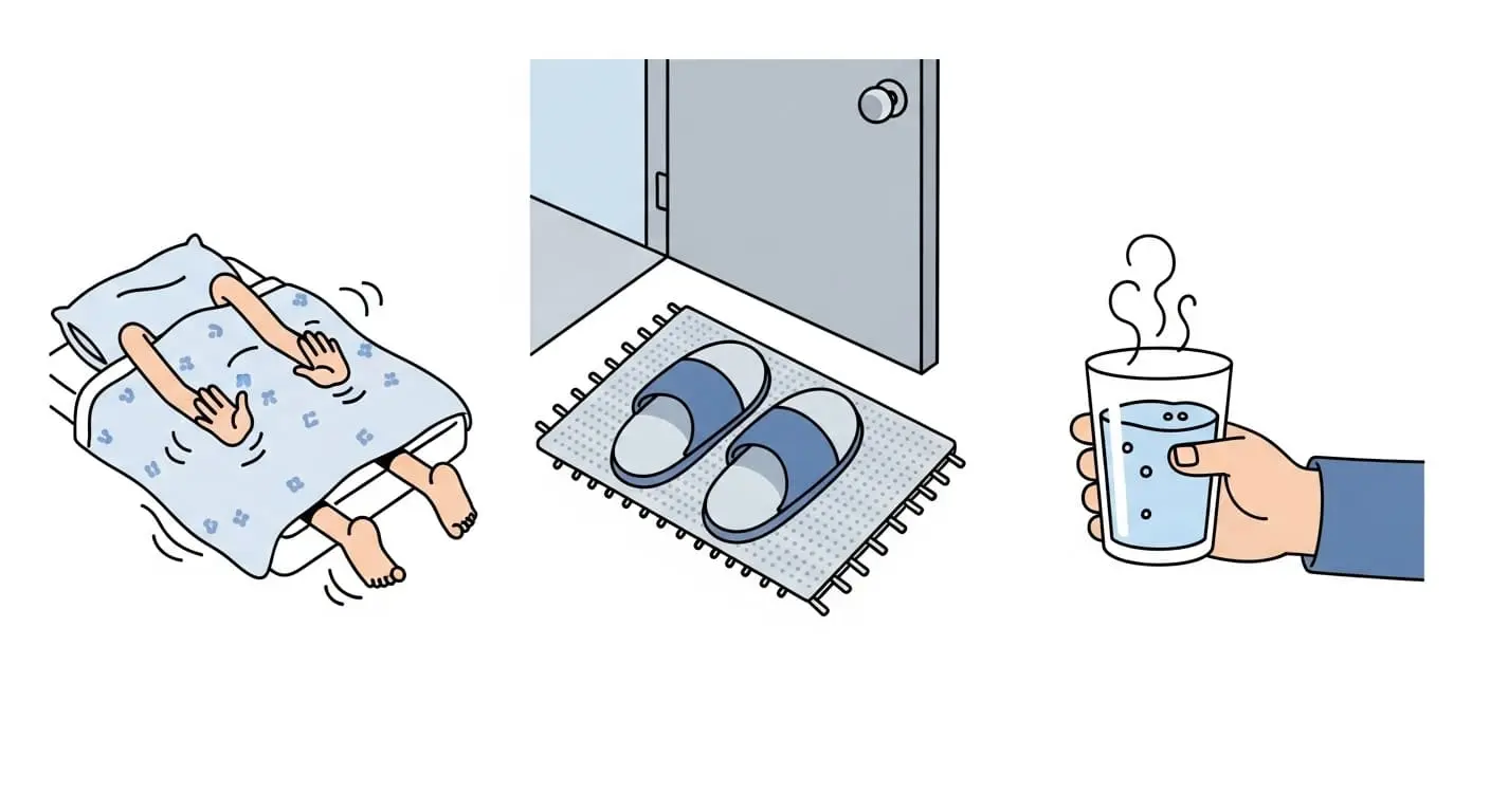 이불 속 꼼지락 체조, 욕실 슬리퍼, 미지근한 물 한 잔 등 히트쇼크 예방을 위한 3가지 아침 습관을 보여주는 아이콘 세트.