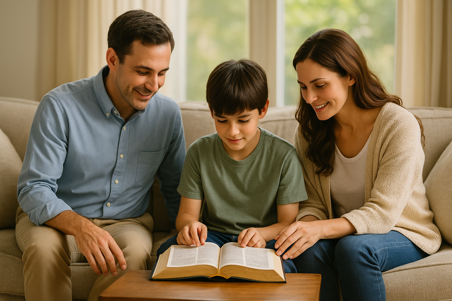 “부모와 자녀가 거실에 모여 앉아 성경을 함께 읽는 모습. 따뜻한 분위기 속에서 드려지는 짧고 은혜로운 가정예배 장면.”