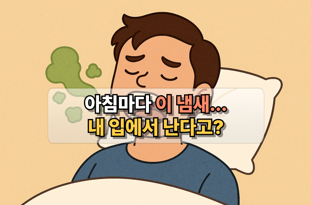 아침 입냄새 원인을 설명하는 일러스트 이미지로, 자고 있는 남성의 입에서 구취가 나오는 모습이 묘사되어 있습니다.