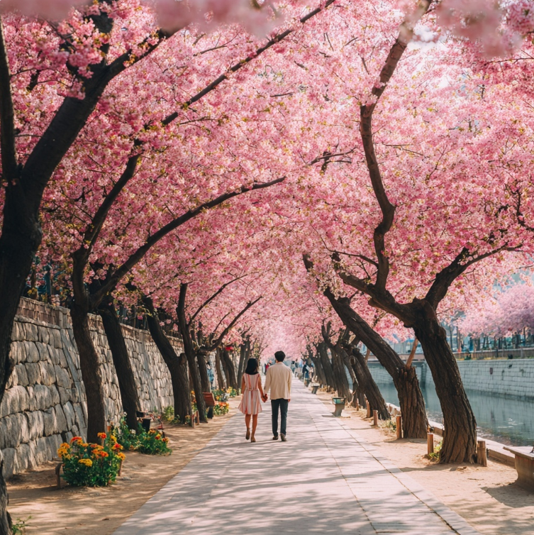 벚꽃길을 데이트하는 남녀