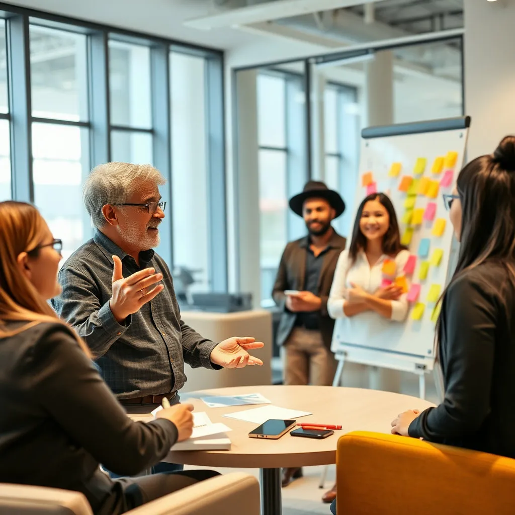연륜 있는 전문가가 젊은 직원들에게 자신의 경험을 공유하거나, 함께 아이디어를 교환하며 활기차게 업무를 수행하는 모습.