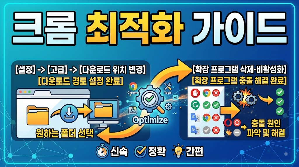 구글 크롬 브라우저 다운로드 폴더 자동 분류 설정 및 확장 프로그램 충돌 오류 해결 가이드 인포그래픽