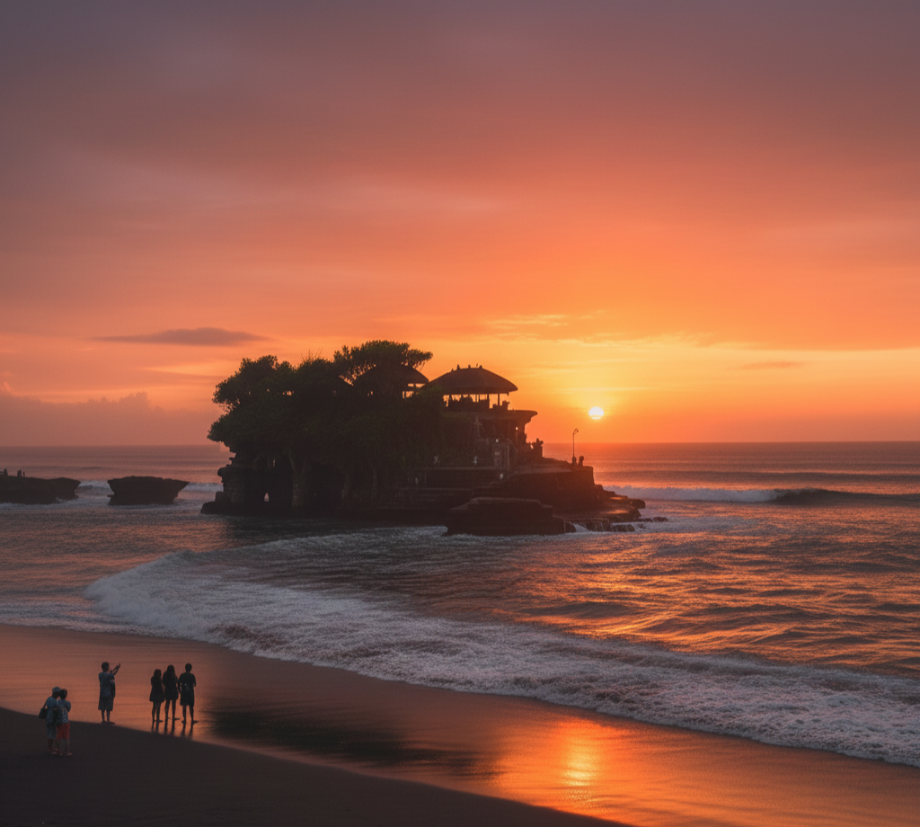 발리 따나롯 사원의 일몰 풍경. 붉게 물든 하늘 아래 바다 위에 떠 있는 듯한 사원과 해변에서 이를 바라보는 사람들이 보인다.