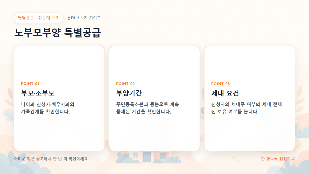 노부모부양 특별공급 핵심을 세 칸으로 정리한 한눈에 보기