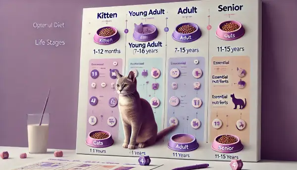 고양이 생애주기별 식단을 보여주는 인포그래픽. 각 나이대별 고양이와 사료 그릇, 필수 영양소 아이콘 포함.